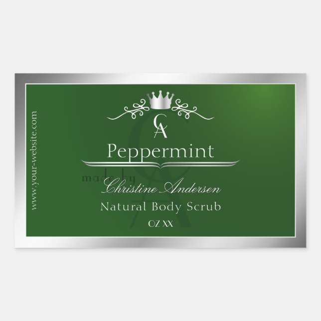 Sticker Rectangulaire Forest Green Product Label Silver Frame Monogram (Devant)