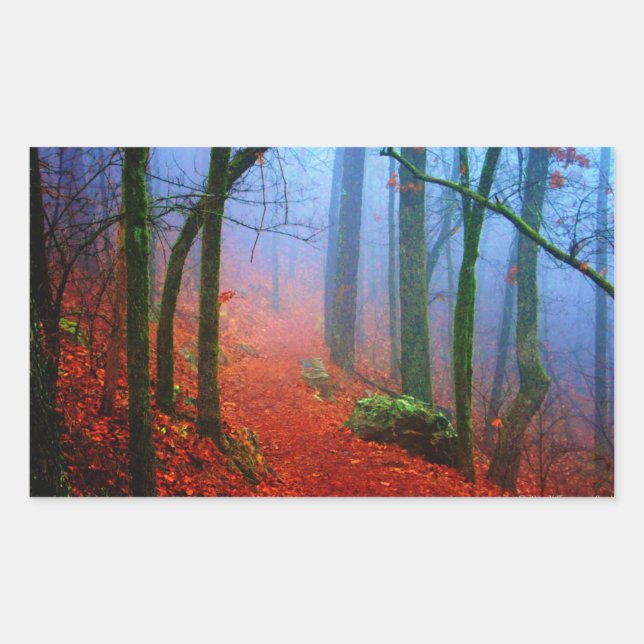 Sticker Rectangulaire Forêt peinte Automne Brouillard bleu (Devant)