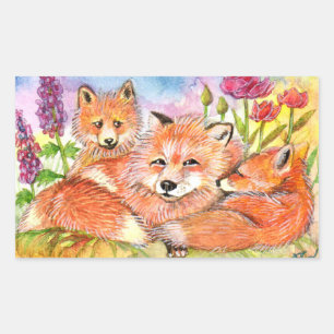 Sticker Rectangulaire Foxes dans le patch de fleurs