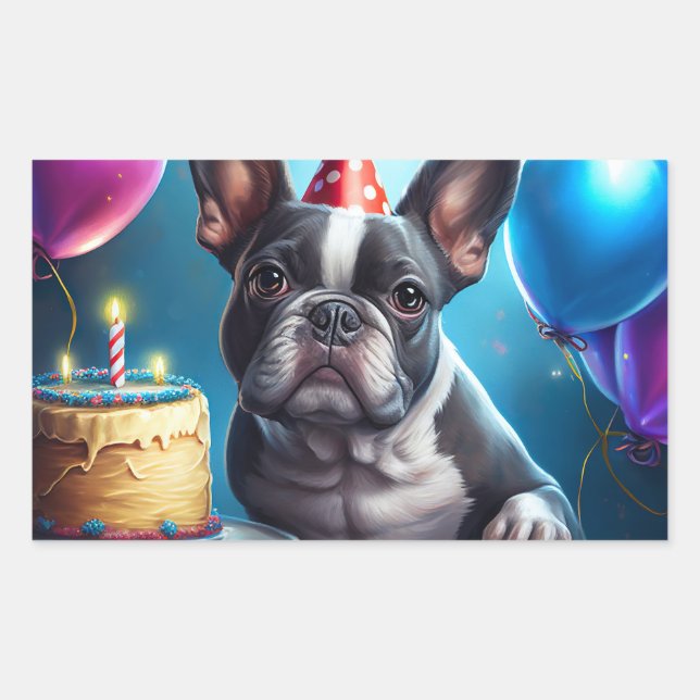 Sticker Rectangulaire Frenchie Birthday Bash : Un mignon Bulldog françai (Devant)