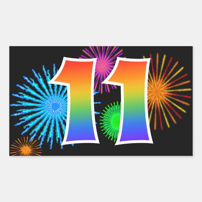 Sticker Rectangulaire Fun Fireworks + Rainbow Motif "11" Numéro d'événem (Devant)