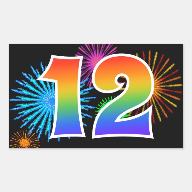Sticker Rectangulaire Fun Fireworks + Rainbow Motif "12" Numéro d'événem (Devant)