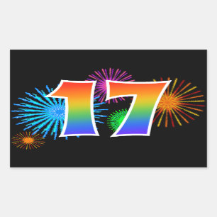 Sticker Rectangulaire Fun Fireworks + Rainbow Motif "17" Numéro de l'évé