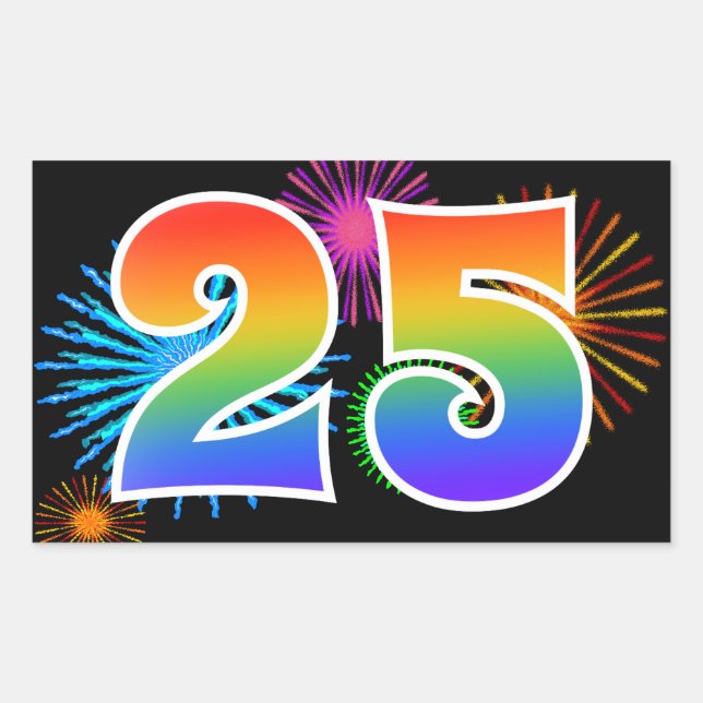 Sticker Rectangulaire Fun Fireworks + Rainbow Motif "25" Numéro de l'évé (Devant)