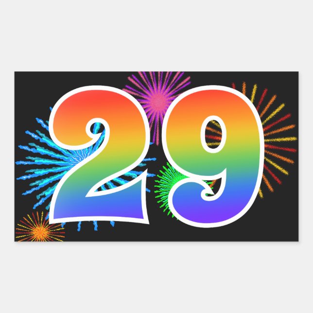 Sticker Rectangulaire Fun Fireworks + Rainbow Motif "29" Numéro de l'évé (Devant)