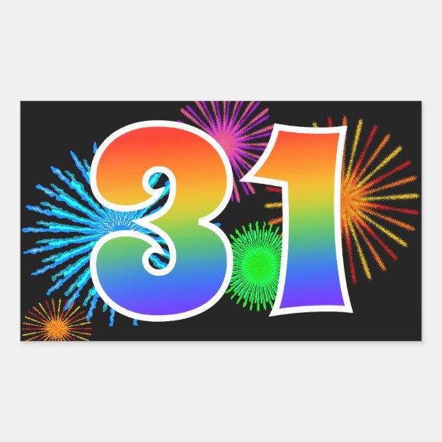 Sticker Rectangulaire Fun Fireworks + Rainbow Motif "31" Numéro d'événem (Devant)