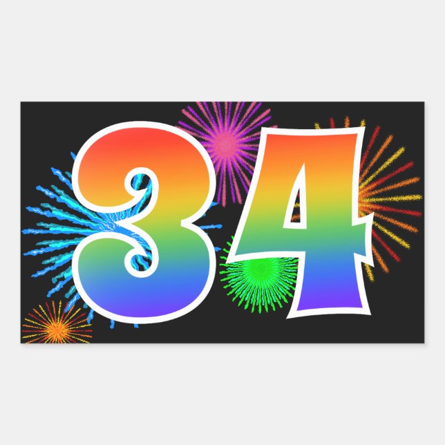 Sticker Rectangulaire Fun Fireworks + Rainbow Motif "34" Numéro de l'évé (Devant)