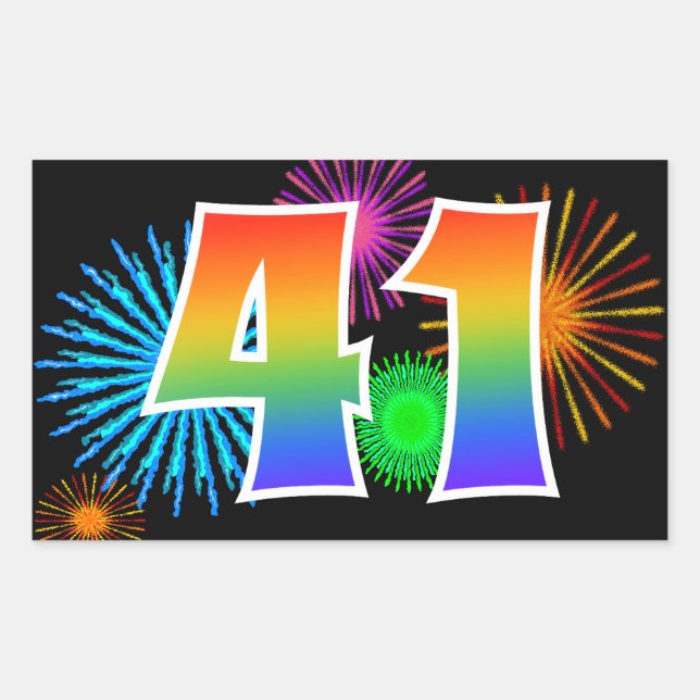 Sticker Rectangulaire Fun Fireworks + Rainbow Motif "41" Numéro d'événem (Devant)
