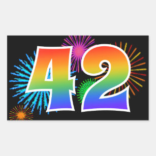 Sticker Rectangulaire Fun Fireworks + Rainbow Motif "42" Numéro d'événem