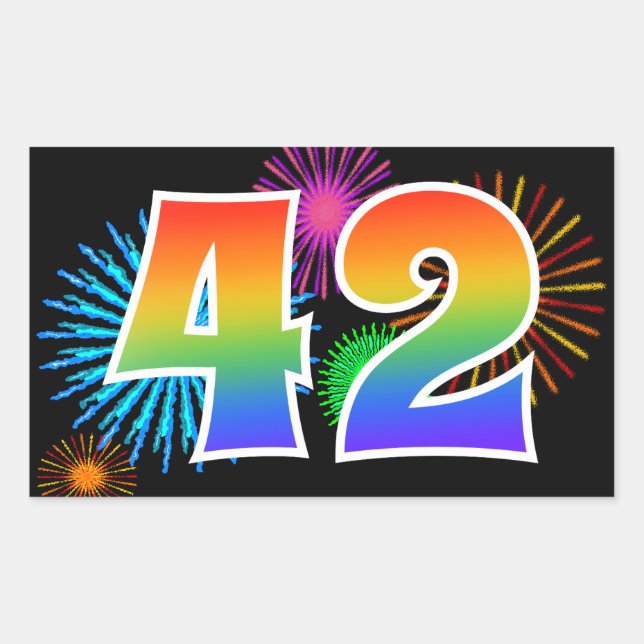 Sticker Rectangulaire Fun Fireworks + Rainbow Motif "42" Numéro d'événem (Devant)