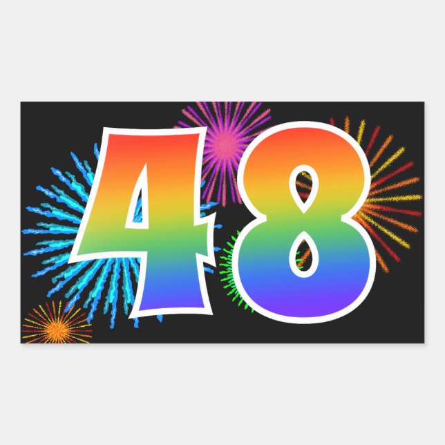 Sticker Rectangulaire Fun Fireworks + Rainbow Motif "48" Numéro d'événem (Devant)