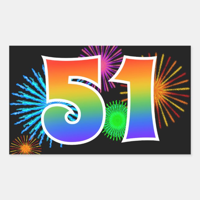 Sticker Rectangulaire Fun Fireworks + Rainbow Motif "51" Numéro d'événem (Devant)