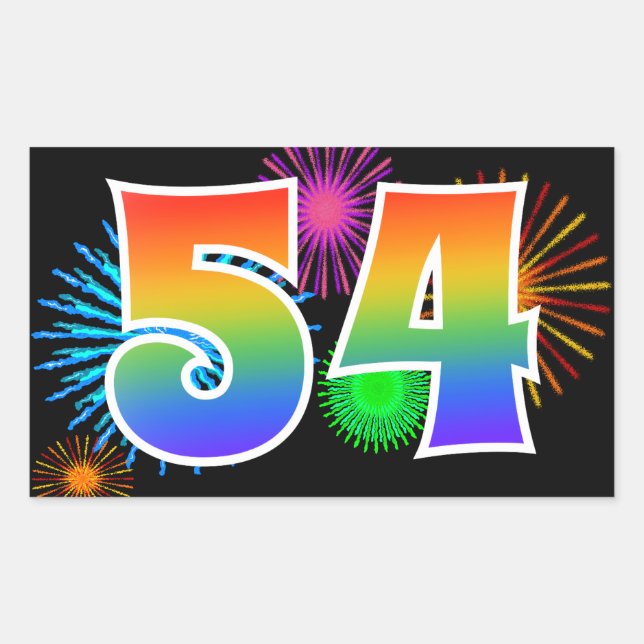 Sticker Rectangulaire Fun Fireworks + Rainbow Motif "54" Numéro d'événem (Devant)