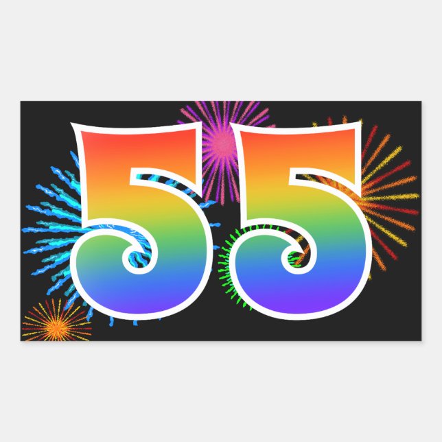 Sticker Rectangulaire Fun Fireworks + Rainbow Motif "55" Numéro d'événem (Devant)