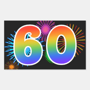 Sticker Rectangulaire Fun Fireworks + Rainbow Motif "60" Numéro d'événem