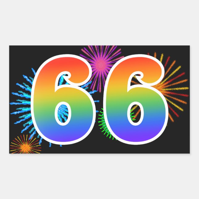 Sticker Rectangulaire Fun Fireworks + Rainbow Motif "66" Numéro de l'évé (Devant)