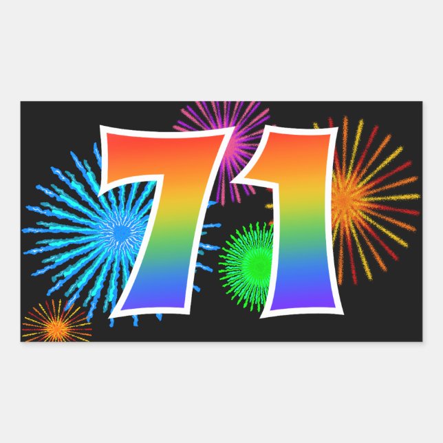 Sticker Rectangulaire Fun Fireworks + Rainbow Motif "71" Numéro d'événem (Devant)