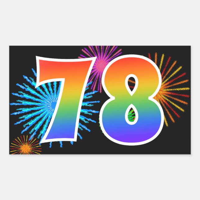 Sticker Rectangulaire Fun Fireworks + Rainbow Motif "78" Numéro d'événem (Devant)