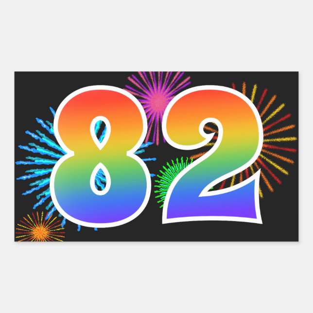 Sticker Rectangulaire Fun Fireworks + Rainbow Motif "82" Numéro d'événem (Devant)