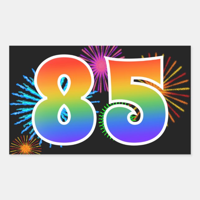 Sticker Rectangulaire Fun Fireworks + Rainbow Motif "85" Numéro d'événem (Devant)