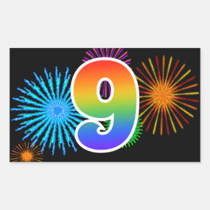 Sticker Rectangulaire Fun Fireworks + Rainbow Motif "9" Numéro d'événeme