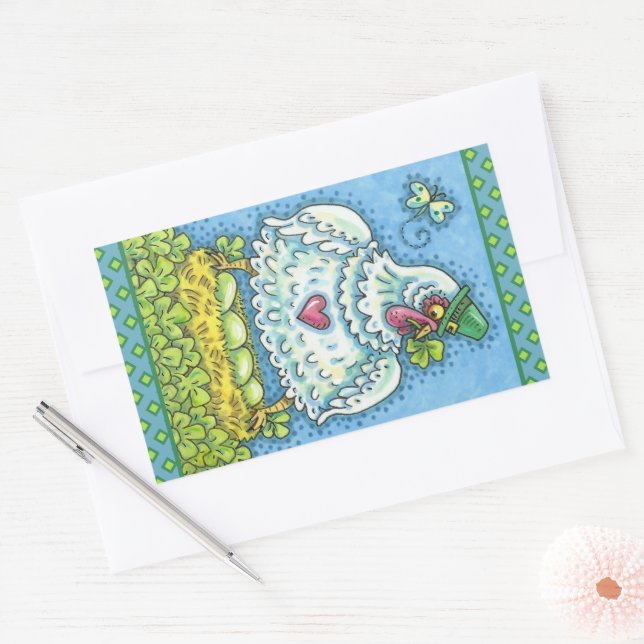 STICKER RECTANGULAIRE FUNNY IRISH HEN, OEUFS VERTS ET SHAMROCK CUIT (Enveloppe)