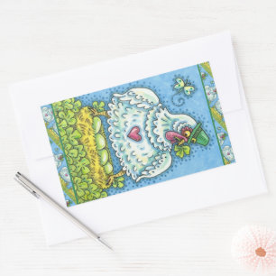 STICKER RECTANGULAIRE FUNNY IRISH HEN, OEUFS VERTS ET SHAMROCK CUIT