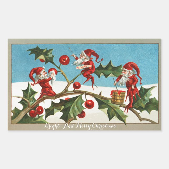 STICKER RECTANGULAIRE FUNNY RED CHRISTMAS ELVES PEINTE HOLLYBERRIES (Devant)