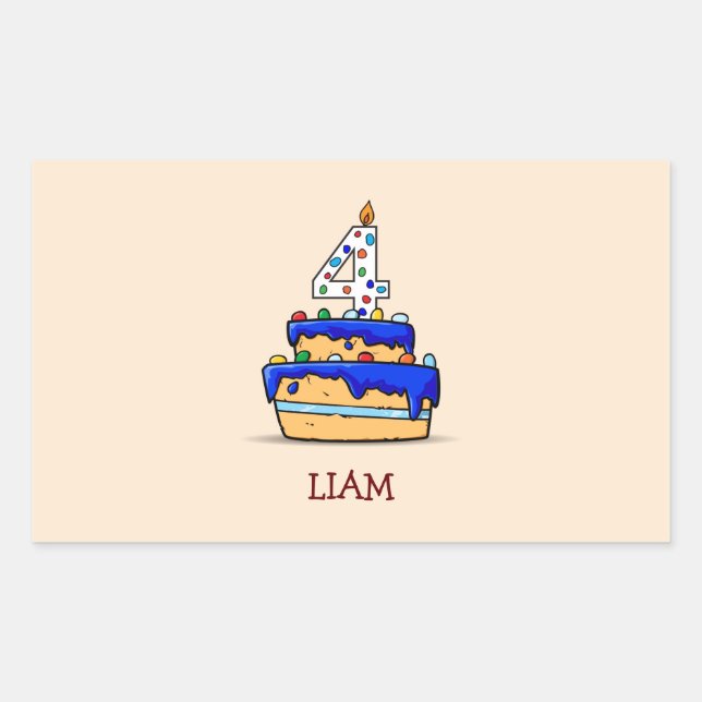Sticker Rectangulaire Garçon 4e anniversaire, 4 sur Gâteau bleu doux (Devant)