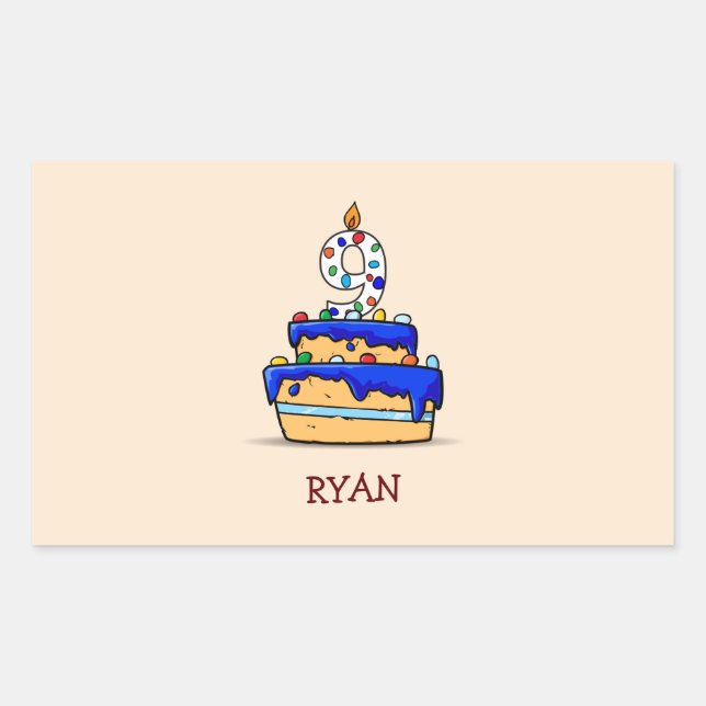 Sticker Rectangulaire Garçon 9e anniversaire, 9 sur Gâteau bleu doux (Devant)
