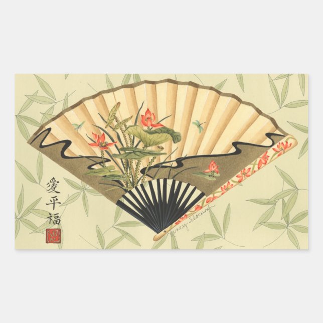 Sticker Rectangulaire Geisha Fan avec Feuille et Floral Print (Devant)