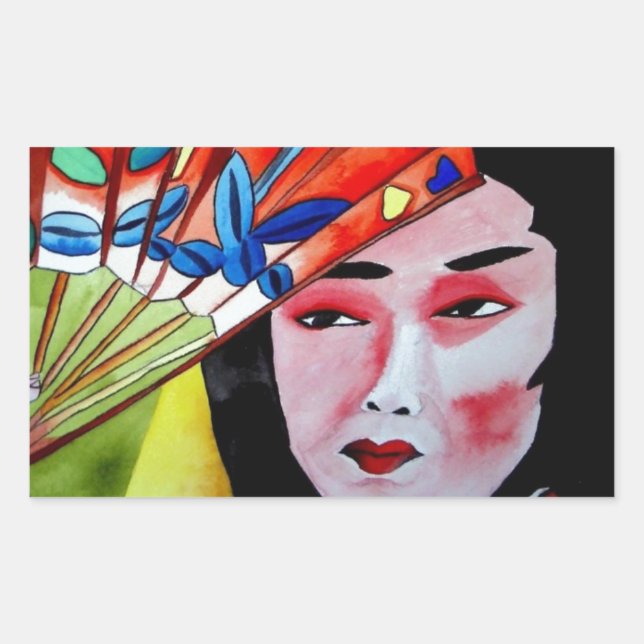 Sticker Rectangulaire geisha japonaise avec ventilateur peinture d'art o (Devant)