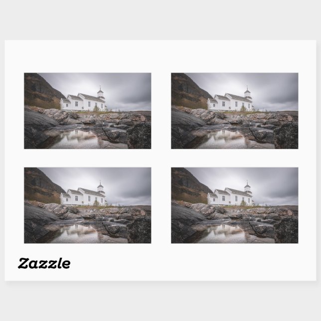 Sticker Rectangulaire Gimsoy Church Lofoten Norvège (Feuille)