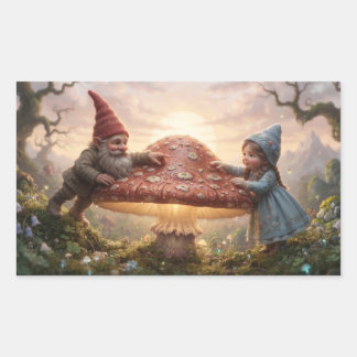 Sticker Rectangulaire Gnome Magique Et Fille Dans La Forêt Avec Champign