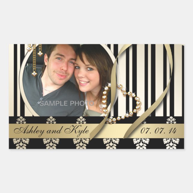 Sticker Rectangulaire Gold Damask Photo Names Enregistrer la date Étique (Devant)
