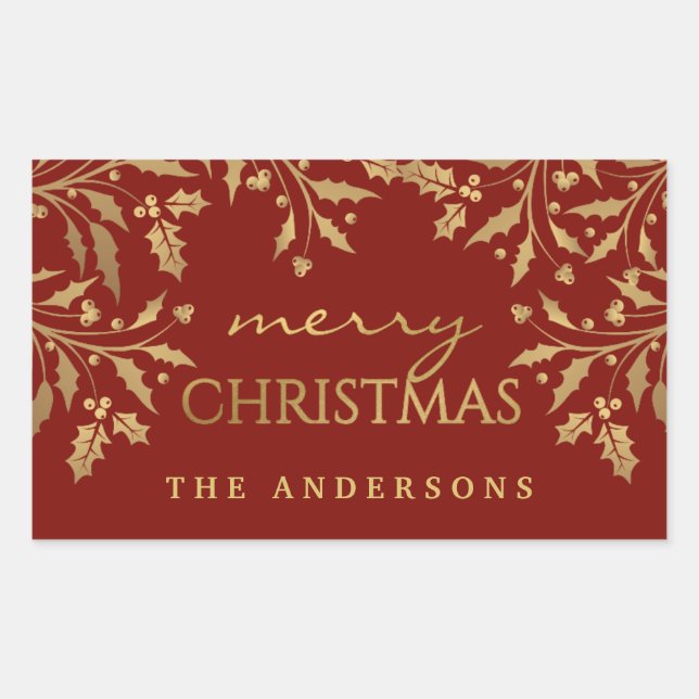 Sticker Rectangulaire Gold Faux Foil Joyeux Noël Holly Branches (Devant)