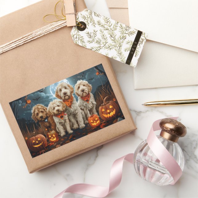 Sticker Rectangulaire Goldendoodle Halloween Éffrayant (Cadeaux)