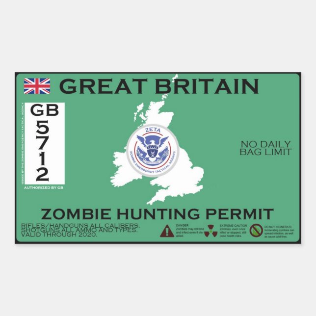 Sticker Rectangulaire Grande-Bretagne Permis de chasse zombie (Devant)