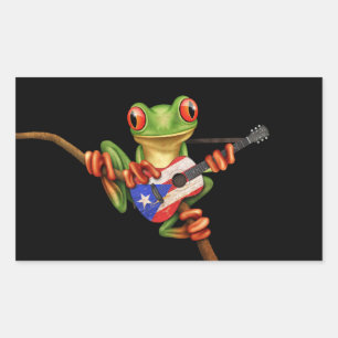 Sticker Rectangulaire Grenouille Arbre Jouer Porto Rico Drapeau Guitare
