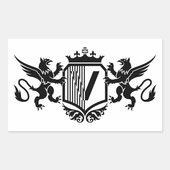 Sticker Rectangulaire Griffons encadrant un bouclier avec la lettre "V" (Devant)
