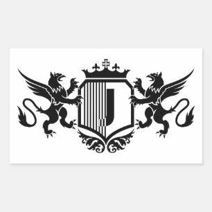 Sticker Rectangulaire Griffons flanquant un bouclier avec la lettre "J"