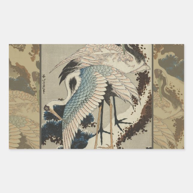 Sticker Rectangulaire Grues sur un pin couvert de neige Hokusai (Devant)