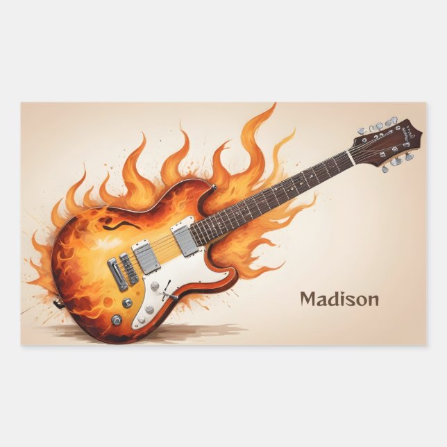 Sticker Rectangulaire Guitare à flammes de nom personnalisé (Devant)