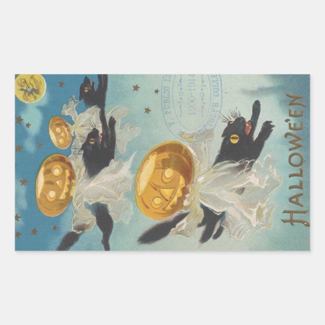 Sticker Rectangulaire Halloween Chats noirs et Fantômes Citrouilles Vint (Devant)