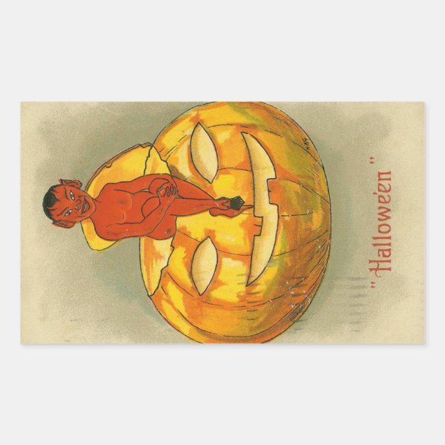 Sticker Rectangulaire Halloween Red Devil Citrouille Vintage (Devant)