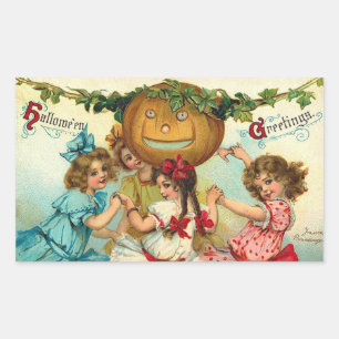 Sticker Rectangulaire Halloween Salutations Citrouille & Filles Vintage