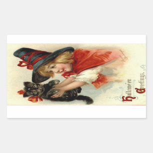 Sticker Rectangulaire Halloween Salutations Girl avec Chat Noir Vintage