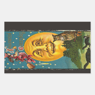 Sticker Rectangulaire Hallowe'en Salutations Pleine lune Owl Witch Vinta