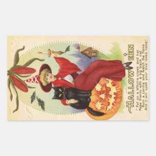 Sticker Rectangulaire Hallowe'en Sorcière rouge et Chat noir Vintage