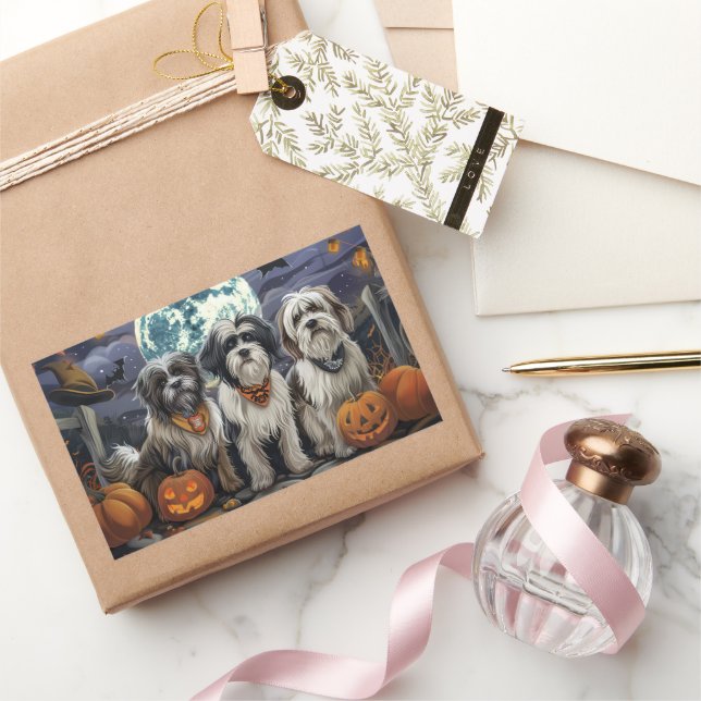 Sticker Rectangulaire Halloween Tibétain Terrier Éffrayant (Cadeaux)